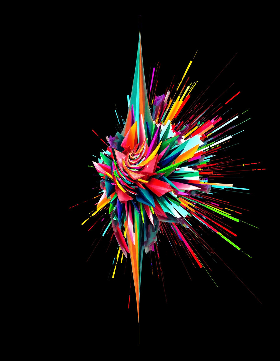 ## Style
- Medium: Digital vector abstraction, algorithmic generative art
- Technique: Procedural brushstroke simulation, layered path rendering, color channel separation
- Rendering Approach: Non-photorealistic rasterization, vector-to-pixel conversion artifacts
- Color Treatment: High-chroma palette, spectral gradient transitions, complementary color juxtaposition
- Value & Contrast: Extreme tonal range, luminous highlights against absolute black void
- Detail Density: High-frequency edge noise, micro-texture accumulation, chaotic layering
- Era / Movement: Digital abstraction, algorithmic expressionism, contemporary generative art
## Subject
- Identity / Type: Abstract biomorphic form, non-representational organic structure
- Pose & Gesture: Dynamic diagonal thrust, spiraling motion trajectory, centrifugal expansion
- Distinctive Features: Fractured geometric nodes, segmented color bands, irregular contour fragmentation
- Clothing or Equipment: None; purely abstract composition
- Scale & Proportion: Asymmetrical mass distribution, elongated vertical axis, compressed horizontal span
## Environment
- Location Type: Void space, infinite black canvas
- Time of Day: Timeless, non-temporal context
- Weather & Atmosphere: No atmospheric conditions; pure digital void
- Foreground Elements: Central abstract form with radiating tendrils
- Background Elements: Uniform black field, no depth cues
- Architectural or Natural Features: None; entirely abstract composition
## Mood
- Primary Emotional Tone: Energetic, chaotic, vibrant, dynamic
- Energy Level: High kinetic energy, rapid visual movement
- Tension or Calm: High visual tension, unresolved compositional energy
- Genre Association: Abstract expressionism, digital futurism, algorithmic art
## Lighting
- Light Source(s): Internal luminescence, self-illuminated color fields
- Direction: Radial outward from center, no external light source
- Quality (Hard / Soft): Hard-edged color boundaries, sharp vector transitions
- Color Temperature: Multi-temperature spectrum, cool blues/greens vs warm reds/yellows
- Key-to-Fill Ratio / Contrast: Infinite contrast, no fill tones
- Shadow Character: Absolute black void, no cast shadows
- Atmospheric Light Effects: None; pure digital rendering
## Composition
- Framing & Crop: Vertical orientation, full-frame subject isolation
- Camera Angle: Frontal view, no perspective distortion
- Subject Placement: Upper-left quadrant dominance, diagonal axis alignment
- Compositional Rules in Use: Diagonal tension, spiral composition, asymmetrical balance
- Depth Layers: Flat 2D plane with simulated depth through layering
- Negative Space: Dominant black void, 70%+ of frame
## Texture
- Primary Materials: Digital vector paths, simulated brushstroke textures
- Surface Quality: Rough, fragmented, pixelated edges, vector-to-raster artifacts
- Reflectivity & BRDF Character: Non-reflective, matte digital surface
- Wear, Patina, & Imperfections: Algorithmic noise, color channel separation artifacts, edge fragmentation
## Camera
- Shot Type: Full-frame abstract composition
- Implied Focal Length: Equivalent to 50mm, no perspective distortion
- Depth of Field & Aperture Feel: Infinite depth of field, no focus falloff
- Bokeh Character: None; flat 2D rendering
- Lens Artifacts: Vector-to-pixel conversion noise, color channel separation, edge fragmentation
