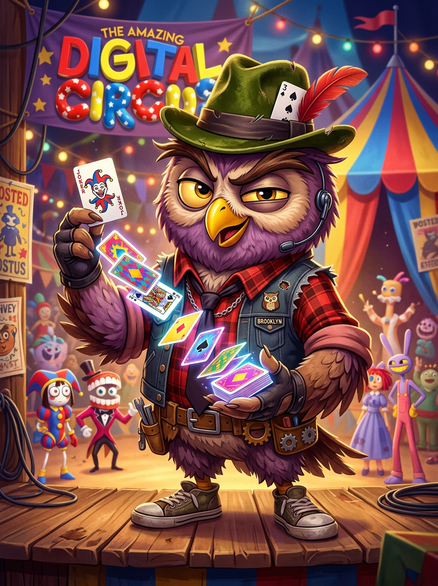 the amazing digital circus oc based on an owl that's a trickster with a brooklyn style character