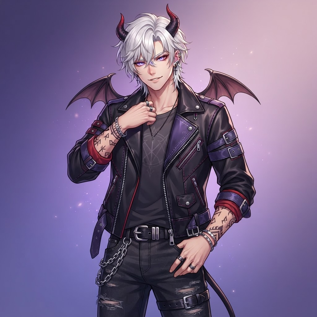 original demon brother original character, otome game anime style, young man with white hair and violet eyes, black leather jacket with purple accents, demon horns and small bat wings, clean soft gradient studio background, vibrant, crisp high detail, digital illustration, no text, no words