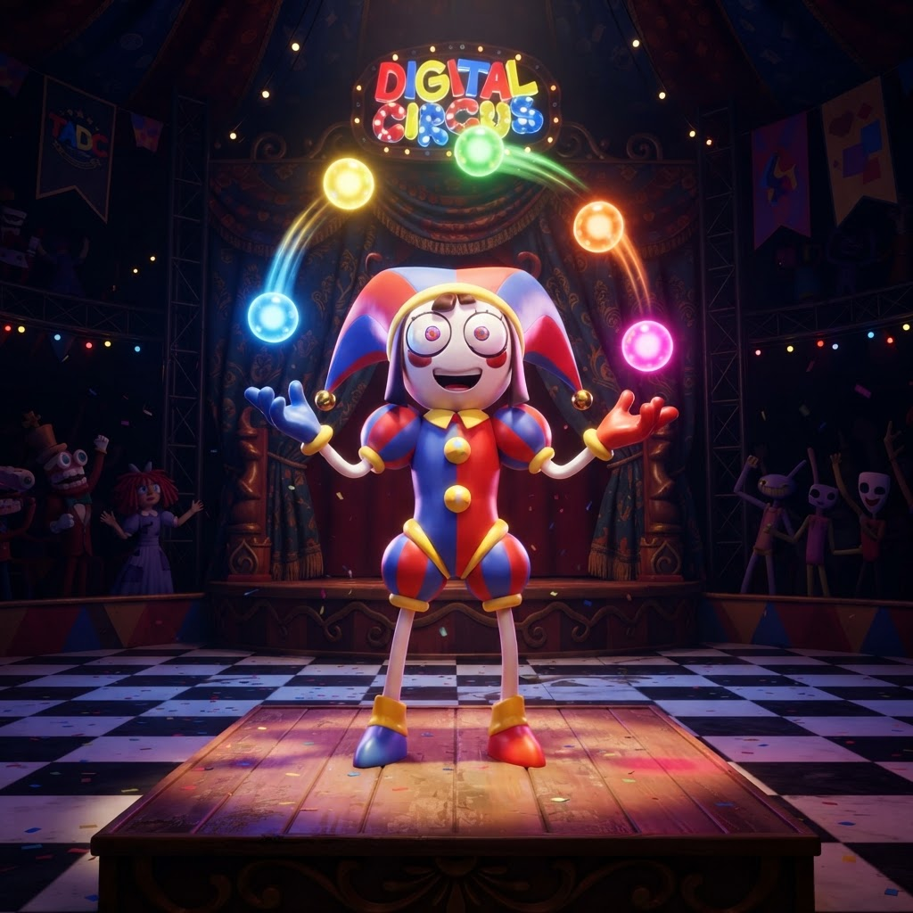 Pomni performing on a circus stage juggling glowing digital orbs