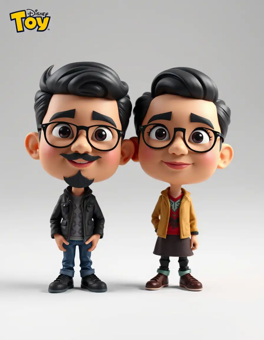 A 3D cartoon caricature of a couple, stylized vinyl toy design, exaggerated big heads, small bodies, detailed clothing, Pixar/Disney style, collectible figure, rendered in Blender, toy packaging box design beside them”