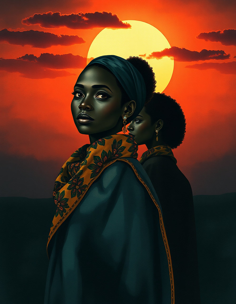african silhouettes adorned with intricate patterns, wearing a trailing silk scarf, stand before a moody sunset sky; horror underglow lighting from below casts eerie, distorted shadows upward, emphasizing sunken eyes and sharp cheekbones, with an unsettling glow against a dim background; dutch masters watercolor style with soft focus, feathery brush strokes, wet blending, and delicate texture, combined with bauhaus geometric flat vector shapes and sharp edges; subtle rose‑tinged flesh, nuanced greens, and vibrant indigo and ochre scarf illuminated by the underglow; lithograph‑ink texture beneath glazed layers and calligraphic floral ornamentation framing the asymmetrical composition.