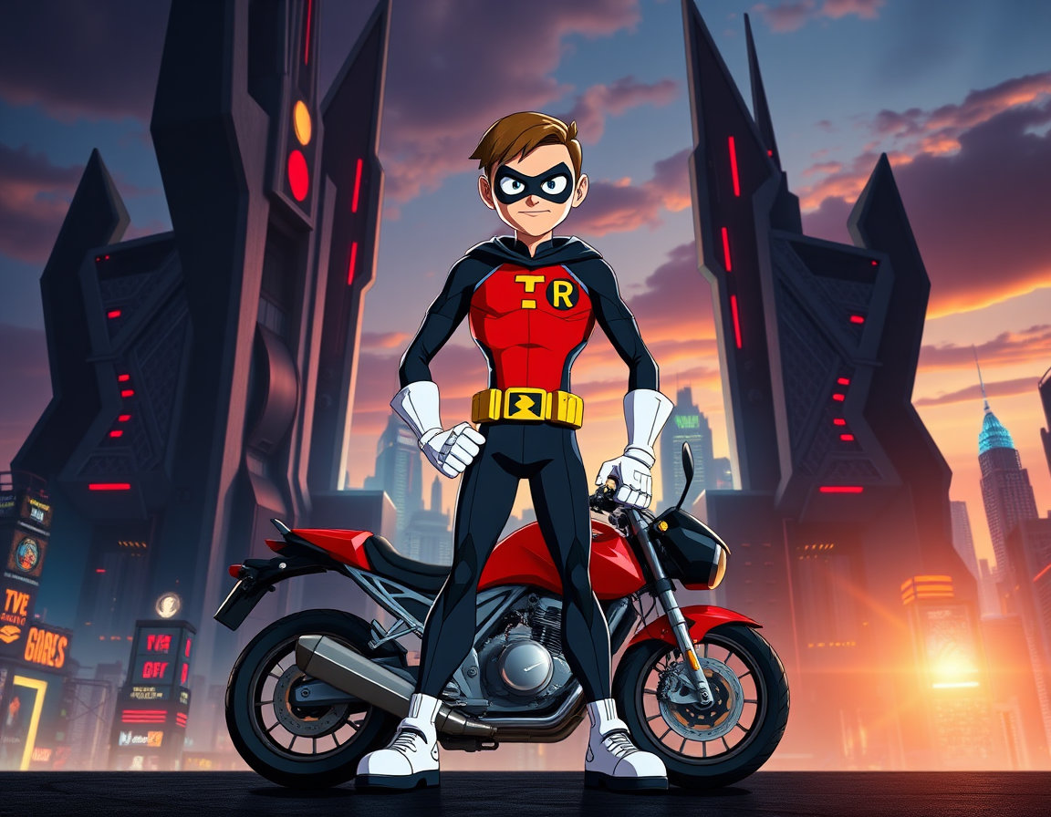 realistic robin from teen titans go, depicted as a sleek, athletic teenage hero clad in a vibrant crimson and dark blue costume with a yellow “r” emblem on his chest, a matching mask covering his eyes, and white gloves and boots, standing confidently in the bustling futuristic skyline of jump city. he is positioned in front of his massive, imposing headquarters—a towering, dark‑steel fortress with sharp angular architecture, glowing red accents, and ominous, shadow‑filled corridors that hint at a powerful, slightly eerie presence. the base features massive reinforced doors, towering spires, and a foreboding, high‑tech interior illuminated by cold blue and red lighting, showcasing a blend of advanced technology and intimidating design. robin’s expression is determined and vigilant, his posture poised for action, with a sleek, futuristic motorcycle parked nearby, its chrome body reflecting the city lights. the scene is rendered in ultra‑realistic detail, with crisp textures on the costume fabric, realistic lighting that casts dramatic shadows, and a vivid cityscape filled with neon signs, soaring skyscrapers, and hovering vehicles, all bathed in the glow of a setting sun that casts amber and purple hues across the horizon.
