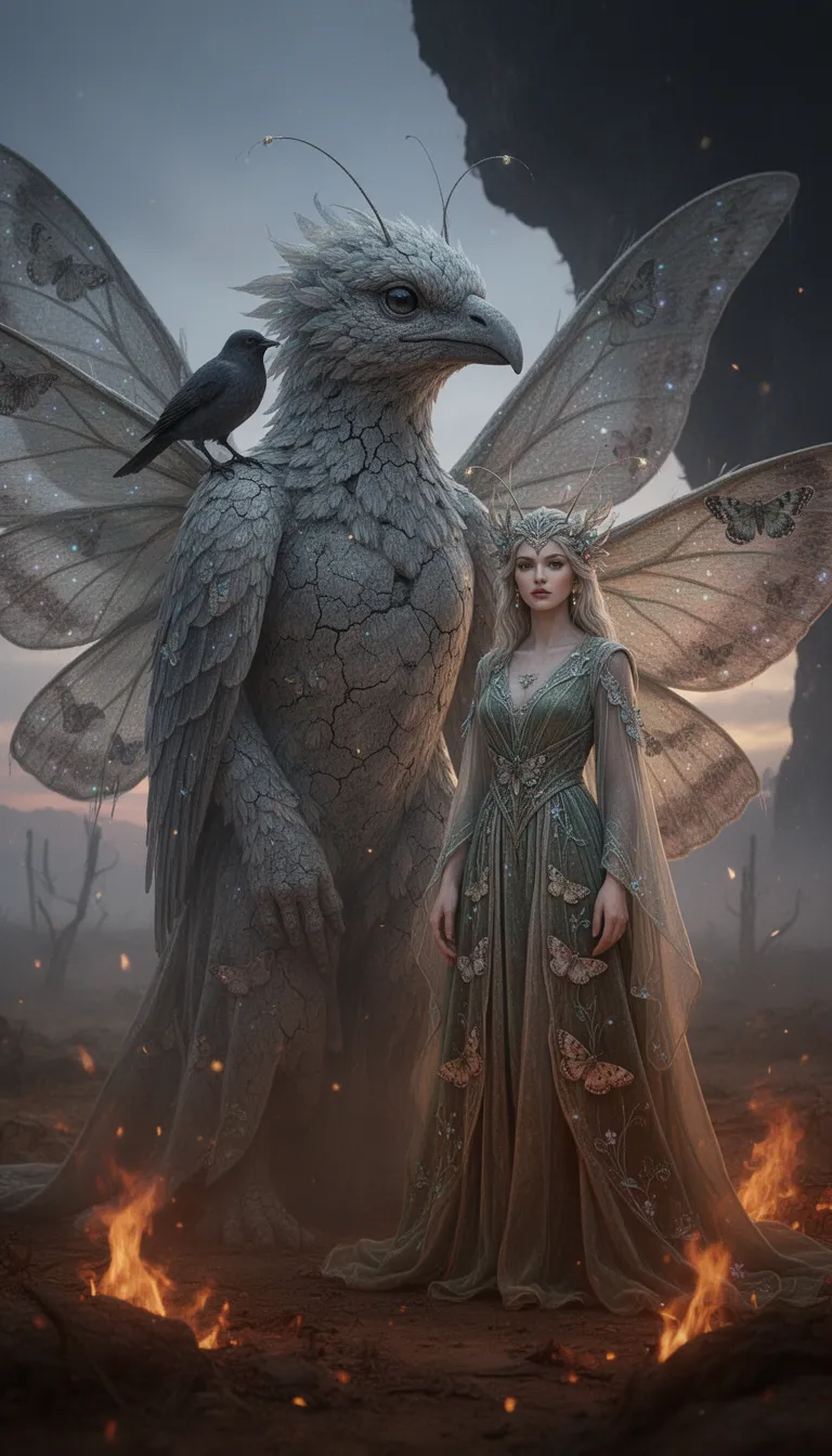 moth‑inspired costume background with delicate wing‑like textures, subtle antennae motifs, and soft, velvety fabric envelops a monumental anthropomorphic avian‑human hybrid portrait and a graceful fantasy lady standing beside it in an abstract twilight wasteland; the hybrid retains its cracked stone‑skin, feathered features, and contemplative profile with a perched bird, while the lady wears flowing ethereal robes echoing desaturated earth tones, now accented by moth‑patterned embroidery. bioluminescent glow and warm amber firelight create high‑contrast chiaroscuro, mist‑laden haze and dark void frame the close‑up, slightly dutch‑angled composition.
