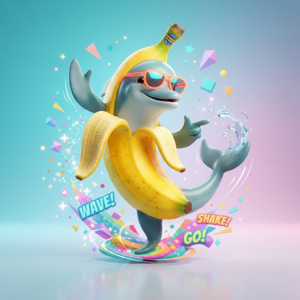 Absurd surreal meme creature: a banana-bodied dolphin wearing sunglasses striking a dance pose, glossy 3D cartoon render, silly and chaotic, vibrant saturated colors, clean soft gradient studio background, crisp high detail