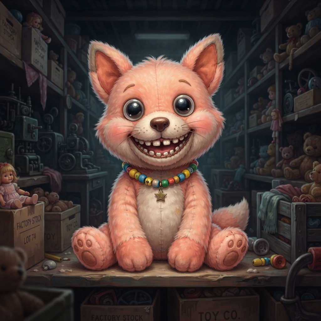 plush toy fox mascot character with a big fixed toothy smile and wide glossy eyes, pastel peach fur, a colorful bead necklace with a small charm, soft cartoon style, slightly eerie, dim toy factory shelves behind