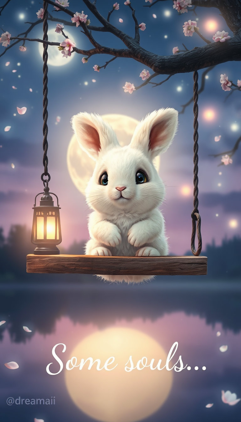 DreamAI cinematic emotional storytelling artwork, same recurring soft fluffy cream-white bunny with giant glossy emotional eyes, tiny pink nose, soft chubby cheeks, peaceful lonely expression, sitting quietly alone on a wooden swing hanging from a glowing tree branch during dreamy moonlit night, soft blue-purple sky filled with stars and floating fireflies, gentle moonlight reflecting on calm lake below, flower petals drifting softly in air, emotional peaceful atmosphere, cinematic fantasy realism, ultra detailed fluffy fur texture, soft glowing lantern nearby, dreamy depth of field, centered composition with beautiful open sky space for text, premium emotional Instagram aesthetic, magical healing vibe, highly detailed 16k quality, vertical 9:16 masterpiece.
Text:
“Some souls...”
Elegant soft handwritten typography blended naturally into moonlit sky.
Tiny elegant watermark at bottom:
@dreamaiartwork