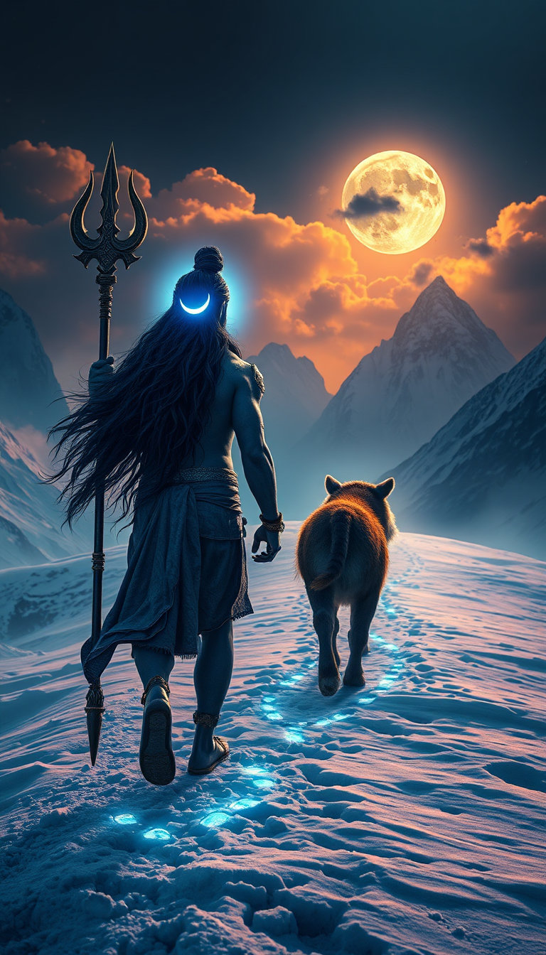 Epic cinematic scene of Mahadev walking peacefully beside Nandi on the snowy mountains of Mount Kailash, glowing blue aura around Mahadev, long flowing hair, crescent moon on forehead, trishul in hand, tiger skin outfit, divine mist, ancient Himalayan atmosphere, dramatic clouds, glowing sky, spiritual energy, ultra detailed, Indian mythology style, cinematic lighting, realistic textures, majestic composition, 8K, volumetric fog, devotional mood, wide-angle camera shot, highly detailed snow mountains, sacred vibes, fantasy realism
⸻
Dark fantasy cinematic shot of Mahadev and Nandi walking through frozen paths of Mount Kailash during snowfall, glowing trident, blue divine energy flowing around Shiva, Rudraksha beads, ash-covered body, powerful spiritual aura, moonlight reflecting on ice mountains, cinematic depth, dramatic camera angle from behind, mythological realism, ultra HD, detailed environment, heavenly atmosphere, sacred Indian mythology art style
⸻
Ultra realistic Indian mythology artwork of Mahadev walking ahead while Nandi follows loyally across Kailash mountains, glowing footprints on snow, divine particles floating in air, orange sunset sky, powerful aura, cinematic composition, spiritual atmosphere, hyper detailed face and costume, trishul shining, fantasy cinematic render, masterpiece quality, 9:16 vertical wallpaper style, devotional mood, heavenly clouds, realistic Himalayan landscape