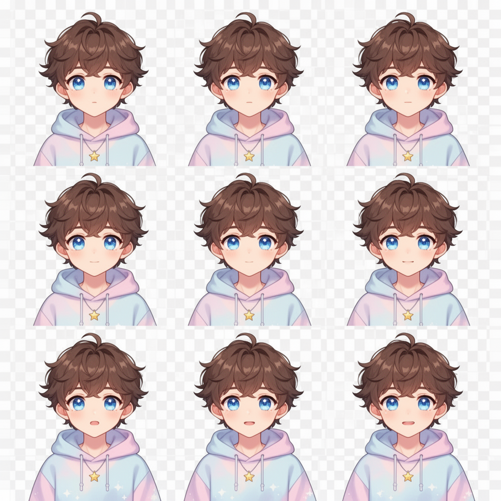 A nine-panel expression sheet on a transparent background
