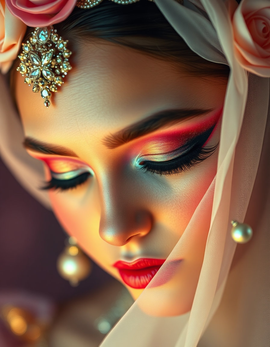 a fairytale scene with a stylistic blend of acid pastel, featuring delicate pastel bases like soft pinks and baby blues, overcharged with sudden acidic jolts of neon lime and electric magenta. the edges bleed between gentle and toxic, the clash vibrating at the eye, creating a sweet yet corrosive feel with fragile hues destabilized by searing intensity. the scene is illuminated by soft spectral lighting, high-value glow gradients, and chromatic harmonies reminiscent of illuminated manuscripts and storybook illustrations. environmental forms have rounded silhouettes and exaggerated scale relationships, enhancing a sense of gentle surrealism. materials reflect a subtle pearlescent sheen, as if dusted with micro-glitter or enchanted pollen, allowing highlights to bloom with mild diffusion. colors lean pastel-warm, promoting emotional comfort while preserving magical mystique. atmospheric effects like mist, floating particles, and volumetric rays reinforce the perception of an otherworldly realm. a close-up, bridal portrait with dark makeup, focusing solely on the eyes, adorned with glittery mascara, resembling the aesthetic of kashees bridals. the eyes are closed, highlighting the intricate dark makeup and sparkling mascara.