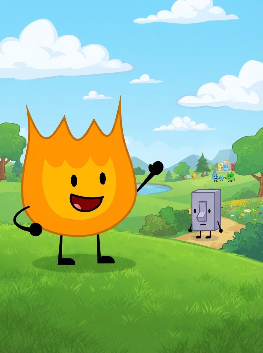 Firey from bfdi (Battle for dream island) and add Liy (light switch) from bfdi in the background