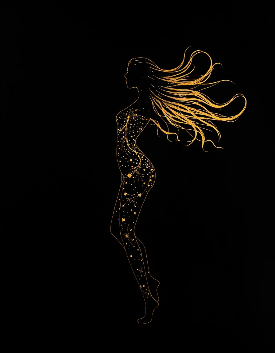 portrait silhouette of a female head and  body, dancing, ink etched minimal  style, sparse composition, extreme negative space, surgical linework, black background, with countless constellations of twinkling, ethereal stars scattered across the night sky and on her dancing body,  skin radiating an ethereal golden hue, with long hair blowing in the wind, cascading in flowing tendrils, its luminous gold threads interweaving with the ethereal glow of her body, subtle golden borders, soft inner shadows, blurred gradient haze.