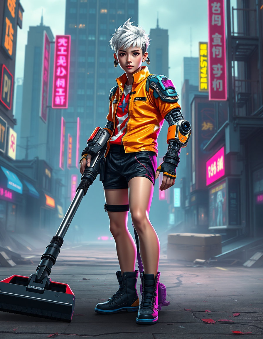 full-body aaa video game character concept page of a cyberpunk korean guy with mechanical shoulder and arm joints, perfect physique, short hair with white highlights, wearing a brightly colored leather shirt and tiny black athletic shorts with , buckled boots, holding an extra‑long futuristic vacuum cleaner, sweeping the streets of a ruined city. rendered in cyberpunk digital art style with dawn lighting, now infused with a vibrant synthwave color palette of electric blues and hot pinks, glowing neon outlines, and atmospheric fog, while retaining bright tones, high‑intensity lighting and a natural glow.