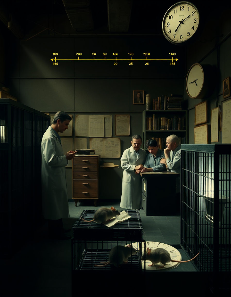 the first image: “A mid-20th-century laboratory, dimly lit, with a focused scientist in a white coat observing a set of cages with rats.” For the second: “A vintage timeline, showing the 1950s, with a clock, and a sense of the era.” For the third: “A group of scientists in a discussion, surrounded by old books and behavioral charts, representing the fixed view of behavior before the experiment.” For the fourth: “A small rat in a sterile, isolated cage, looking anxious, with a faint light shining in.” And for the fifth: “The rat adapting, climbing, and exploring a slightly more enriched environment, with a hopeful tone.” Once you plug these prompts into your image generator, it should give you a really nice visual sequence of the story.