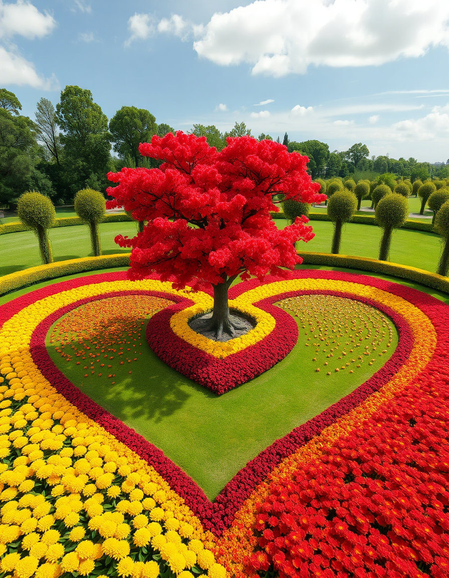 A majestic Delonix regia (Royal Poinciana) tree with fiery red blossoms standing at the center of an enormous heart-shaped floral garden. Intricate flower patterns made from yellow chrysanthemums, deep red begonias, and golden ornamental plants. Perfectly manicured lawn, botanical paradise, bright daylight, volumetric lighting, hyper realistic, ultra detailed textures, HDR, 8K, masterpiece, award-winning landscape design.