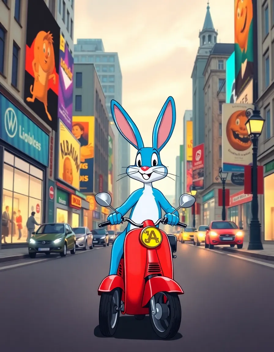 a bright blue rabbit riding a red motorized scooter through the vibrant colorful streets of old german style 1920s berlin with big billboards and charming streetlights in a classic cartoon style reminiscent of looney tunes.