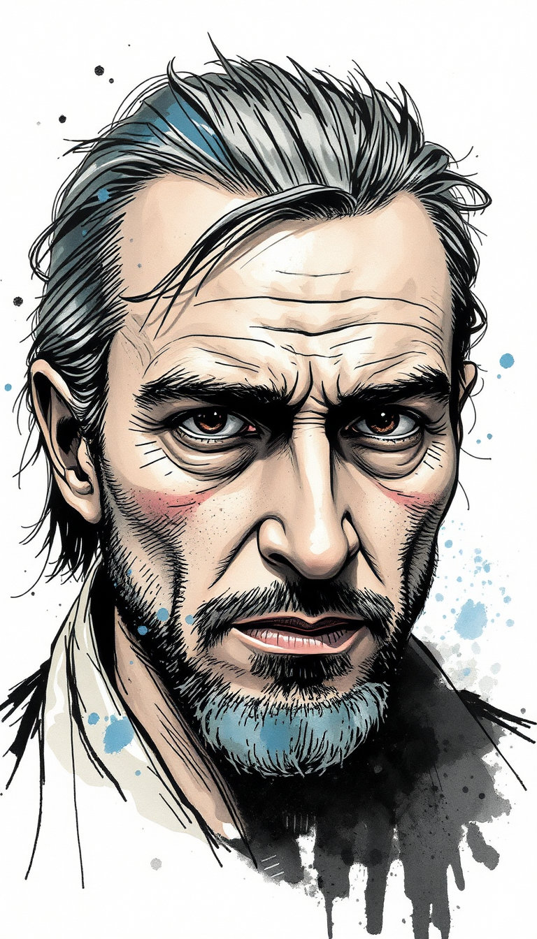 ink wash portrait, a digital illustration that blends ink wash and watercolor wash with pen and ink hybrid techniques, rendered alla prima with bold cross‑hatching, fine stippling, dry brush strokes, scumbling texture, ink splatter accents, and subtle watercolor bleeding on a wet‑on‑dry surface; the style is semi‑realistic yet painterly, employing a non‑photo‑realistic, hand‑drawn aesthetic that balances illustrative realism with expressive line work; lines are expressive and variable in weight, scratchy, hatched, stippled, loose, energetic, confident, irregular, and sketchy, sculpting the face with dynamic motion; the color treatment uses muted earth tones and desaturated skin hues, punctuated by cool blue accents, set against a monochromatic background with selective saturation and a limited analog‑mixed palette; value and contrast are high, featuring strong chiaroscuro, deep blacks, soft mid‑tones, atmospheric perspective, tonal gradation, and a vignetted edge that draws focus inward; detail density is hyper‑detailed on facial features, showing textured skin pores, fine individual hair strands, and intricate hatching, while the background remains sparsely detailed with a focused depth of field; surface and material treatment includes palpable paper texture, ink bleed edges, watercolor grain, dry brush texture, layered media and mixed‑media simulation that give the image a tactile, gritty feel; the era and movement reflect contemporary realism and modern portraiture with neo‑expressionist influence, graphic novel style, and editorial illustration flair; overall aesthetic is gritty, raw, authentic, journalistic, character‑driven, expressive, textured, dynamic, and hand‑crafted.