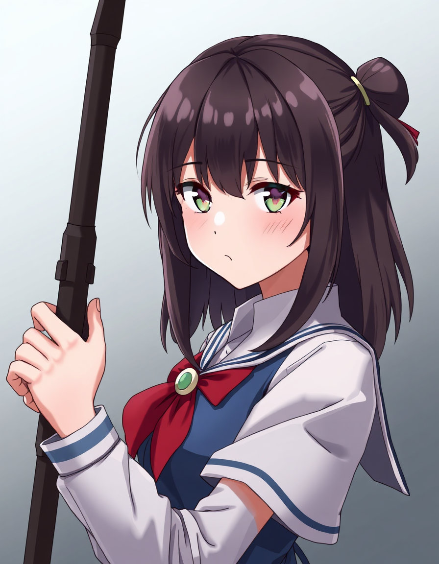 fai una ragazza con i capelli medi un po' mossi sulle punte di colore marrone scuro con la frangia dritta,con uniforme scolastica della scuola dell anime di soul eater che tiene in mano un arma ovvero un arco,ha un espressione rilassata,chill
falla in versione 2d,anime e stile soul eater
CON LO STILE DI SOUL EATER