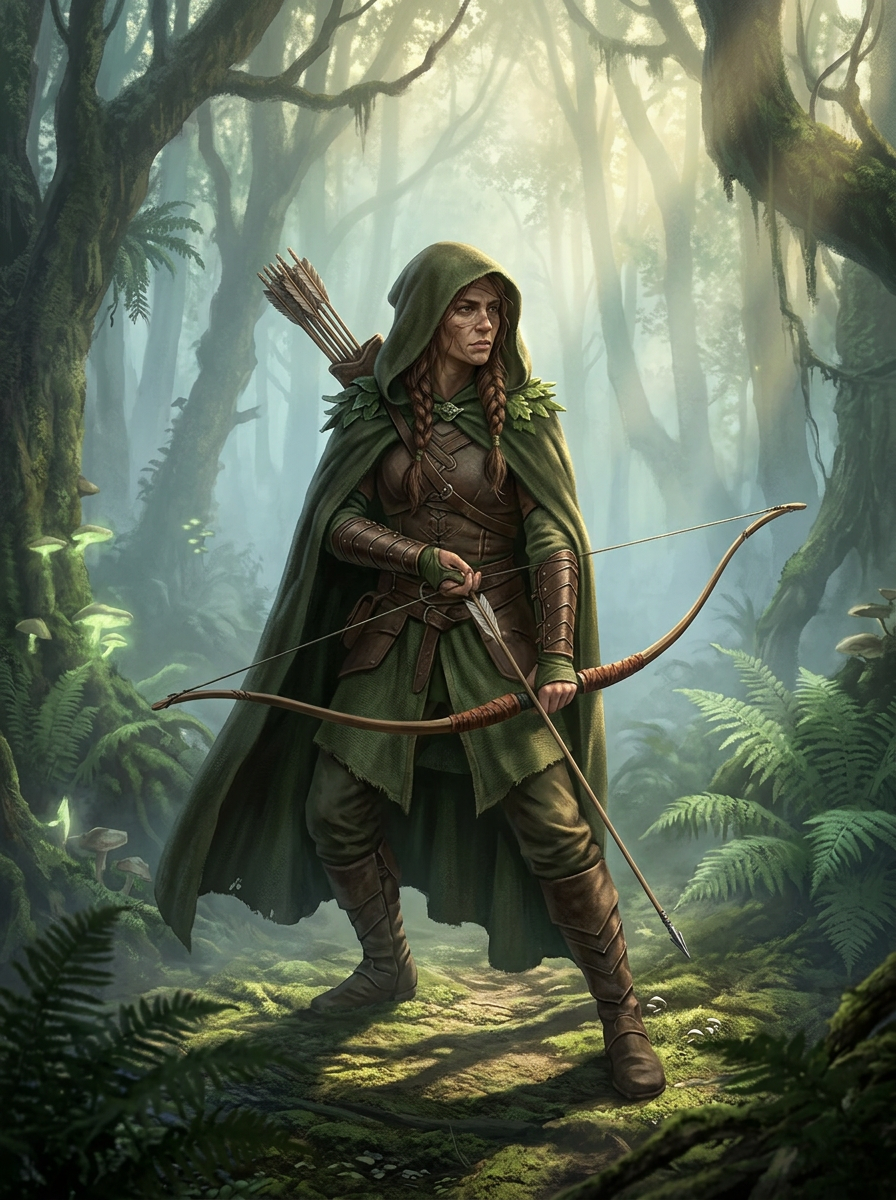 Original character for Knights of Guinevere: a cloaked ranger with a longbow and leather armor, full body, stylized 3D animation, misty enchanted forest background, dramatic lighting