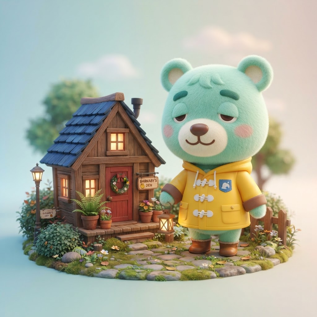 cute round-headed cartoon bear villager character, big head, small body, sleepy half-closed eyes, mint green fur, wearing a raincoat, standing by a tiny wooden house, chibi 3D toy style, soft lighting, clean soft gradient studio background, vibrant, crisp high detail, digital illustration