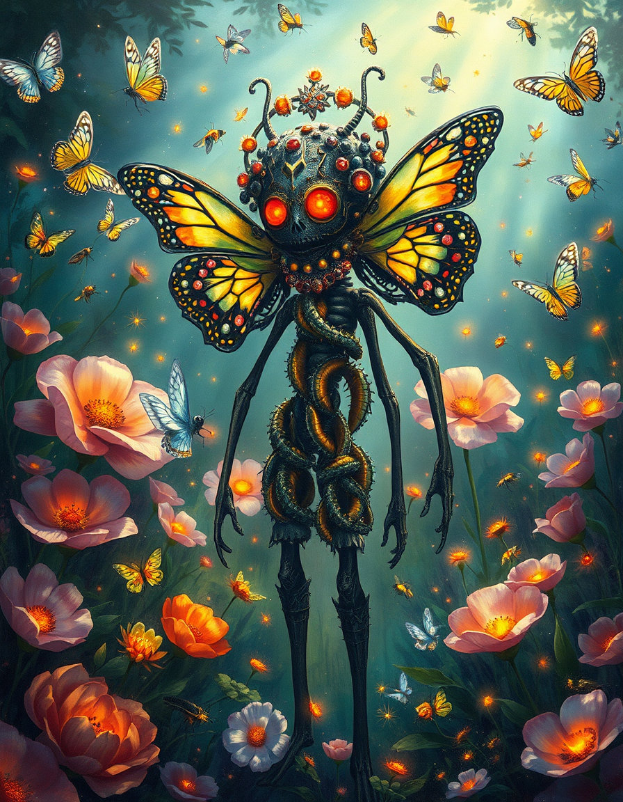 a vibrant fairytale art painting of a magical hidden garden filled with oversized glowing flowers, delicate luminous butterflies with stained-glass wings, tiny mythical creatures living among petals and vines, soft sparkling pollen floating in the air, crystal dew reflecting rainbow light, and an ominous humanoid colony standing amidst the garden's lush undergrowth, its vaguely humanoid silhouette composed of countless crawling creatures loosely bound into a single form, with a barely defined masklike face and shifting features, glowing red eyes formed from insect clusters, and a strapless form adorned with hive jewelry and a crown of clustered insects, surrounded by a constant cloud of buzzing insects, drifting wings, and scattered carapace fragments, amidst the soft focus depth and rich saturated colors of a whimsical storybook aesthetic, with painterly brush textures and a glowing magical ambience.