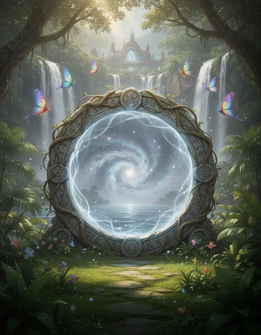 in a clearing surrounded by vibrant green foliage and majestic waterfalls, a portal materializes, its ornate frame glowing softly as twisted vines and intricately carved stone runes become visible in the dappled sunlight filtering through the trees. the circular gateway's rim seems to shimmer and undulate like the ripples on a serene lake, as a swirling vortex of mist and stars churns at its center, pulsing with an ethereal energy. shades of bluish-white light dance across the portal's surface, casting an otherworldly glow on the lush tropical landscape around it. in the distance, the sweet songs of magical flying creatures – iridescent butterflies and rainbow-hued birds – fill the air, while the soft rustle of exotic plants and the gentle patter of raindrops on leaves create a soothing melody. beyond the clearing, glimpses of an ancient, mystical realm can be seen, shrouded in an aura of mystery and wonder, beckoning explorers to step through the shimmering portal and uncover its secrets.