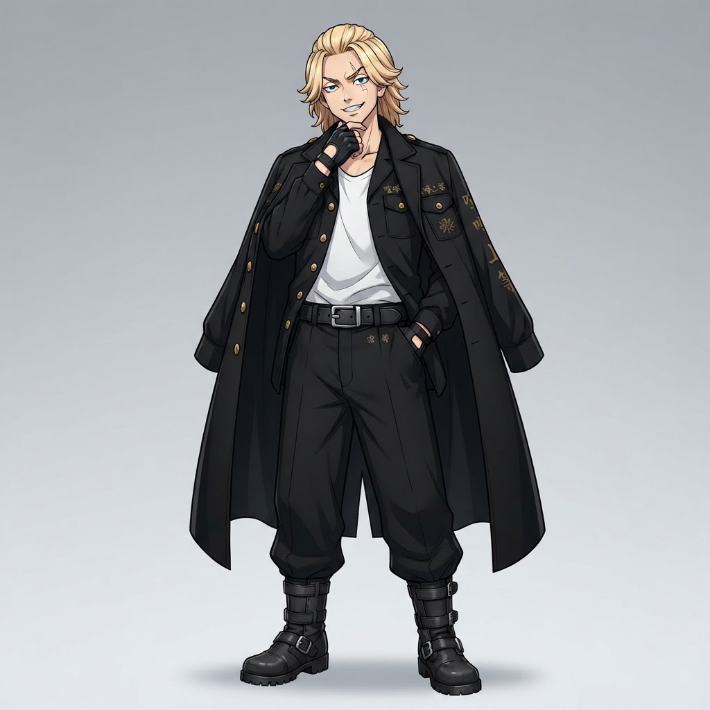 original delinquent gang leader character, young man with blond swept back hair, long black gang uniform coat draped over his shoulders, standing full body confident pose, modern shonen anime style, clean cel shading, bold lineart, soft grey gradient studio background, crisp high detail, no text, no words, no watermark