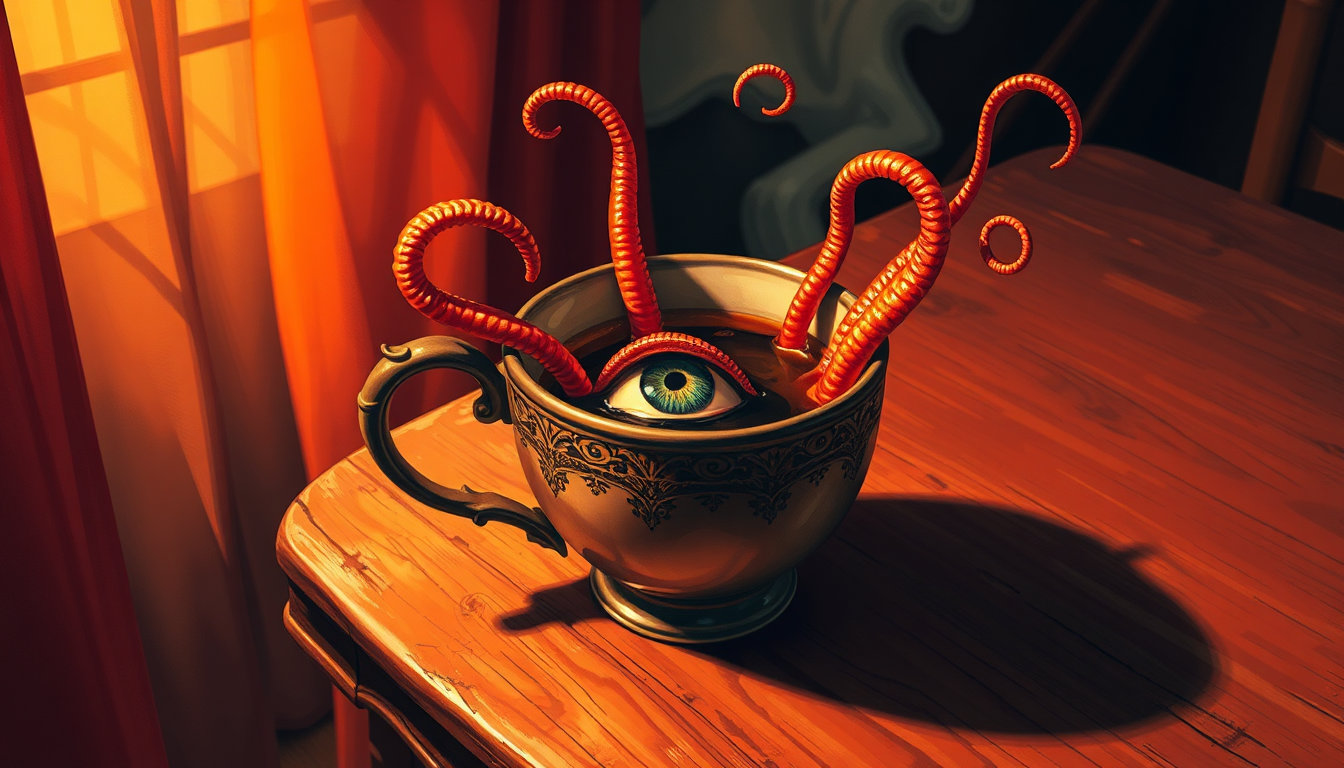 a highly stylized, vibrant digital artwork dominated by warm, high-contrast colors reminiscent of vintage pulp illustrations and 80s graphic novels, with intricate hard-cel shading reminiscent of j.c. leyendecker's iconic artwork. the composition is set in a cozy, intimate atmosphere, with a worn, wooden table at its center. placed delicately on the table's edge is a vintage, ornate coffee cup, its handle elegantly curved, as if crafted by skilled artisans. the cup is filled with a rich, dark liquid that seems to glow with an otherworldly intensity, emitting a subtle sheen that hints at its mysterious origin. as the viewer's gaze is drawn to the cup, their eyes are met with a creeping sense of unease. a human eye, with its delicate, almost translucent eyelid and the slight curve of the pupil, seems to be emerging from the coffee's surface, its gaze piercing and unnerving. the eye is surrounded by a cluster of twisting, slender tentacles, each one delicately detailed with fine, almost imperceptible ridges and subtle texture, as if crafted from some living, organic material. the tentacles seem to be growing from the coffee's surface, their tips curling and writhing in an eerie, unsettling manner. the scene is bathed in a warm, golden light that casts no shadows, imbuing the entire composition with a sense of stillness and anticipation. the digital oil painting style, with its hyper-realistic textures and subtle blend of colors, adds a level of depth and dimensionality to the artwork, drawing the viewer's eye in and refusing to let go. the overall effect is a visually stunning, deeply unsettling image that seems to defy explanation, much like a vivid nightmare from which one can't awaken.