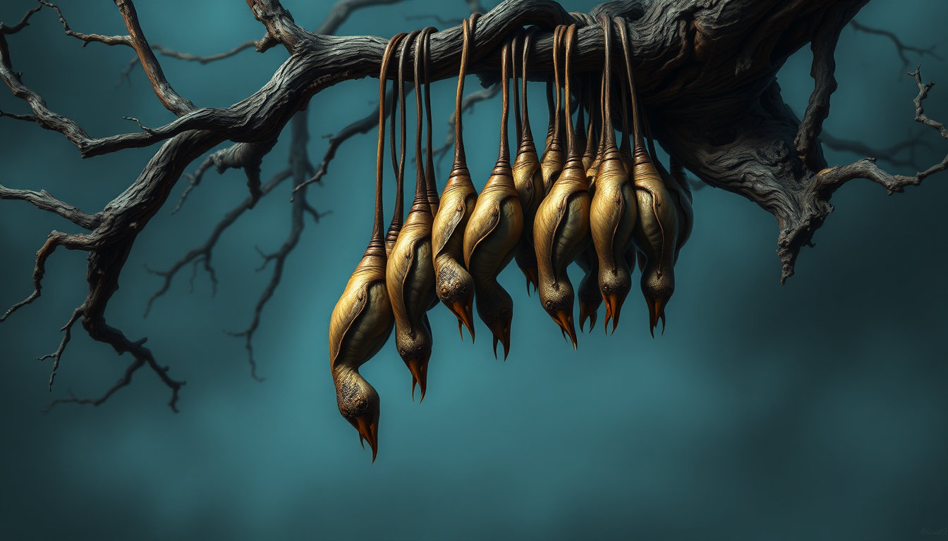 in a vibrant, hyper-realistic digital oil painting style reminiscent of j.c. leyendecker's iconic works, with vintage lines and high contrast colors, a captivating scene unfolds. against a matte-painted, soft blue-grey background that subtly reflects the serene mood, a gnarled tree branch is set against a dark, gothic-inspired atmosphere where the precise 42 mm focal length camera captures a medium shot. in the foreground, delicate, painterly strokes of fine brushwork render a cluster of bird creatures suspended upside down from the branch, each creature encased in a twisted, elongated pod, as if grown organically from the branch itself. the creatures' bodies are rendered with subtle, pulsating tumors, their delicate features highlighted by soft diffused light that casts gentle shadows, and warm, muted earth tones blend seamlessly into soft pastels, imbuing the image with a dreamlike quality. the entire scene is bathed in an ethereal mist that swirls delicately through the atmosphere, imbuing the image with an otherworldly sense of mystery. in the midst of this hauntingly beautiful scene, the twisted forms of the bird creatures seem to come alive, suspended in perpetual contemplation. the style is reminiscent of an 80s graphic novel, with bold, vibrant colors that leap from the canvas, inviting the viewer to step into this macabre yet mesmerizing world. the overall effect is both hyper-realistic and highly stylized, as if the characters and their surroundings have been plucked from the realm of fantasy illustration and set amidst the eerie, muted tones of the digital oil painting. the result is a piece of unsettling beauty that lingers in the viewer's mind like a haunting memory, refusing to fade away.