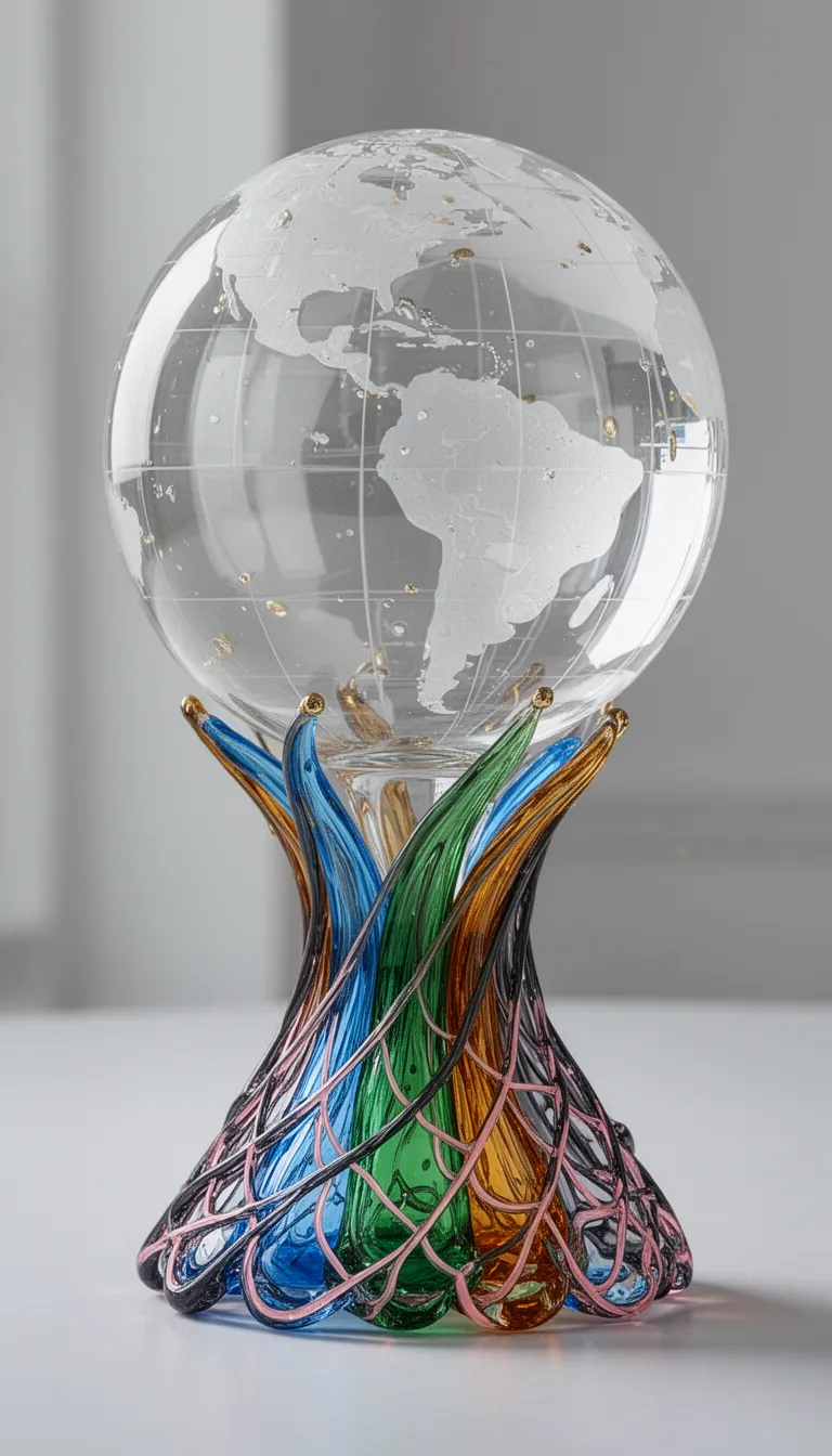 a grand, crystal clear glass globe, reminiscent of the elegance of fine crystal, rises majestically from a delicate, hand-blown glass base that showcases a stylized fusion of vibrant, layered hues, including glass blues reminiscent of a clear summer sky, emerald green that evokes the lush foliage of an enchanted forest, warm amber tones that mirror the gentle glow of a setting sun, and charcoal gray that adds depth and sophistication to the overall design. the base is meticulously crafted to feature an intricate web of delicate, swirling patterns in a subtle blend of charcoal gray and blush pink, creating a visually appealing contrast to the predominantly cool-toned glass hues of the upper globe. metallic gold highlights add a touch of luxury and whimsy to the design, as if the glass globe is infused with an inner light, while the upper portion remains crystal clear, unadulterated, and transparent, allowing the intricate details of the base to take center stage.