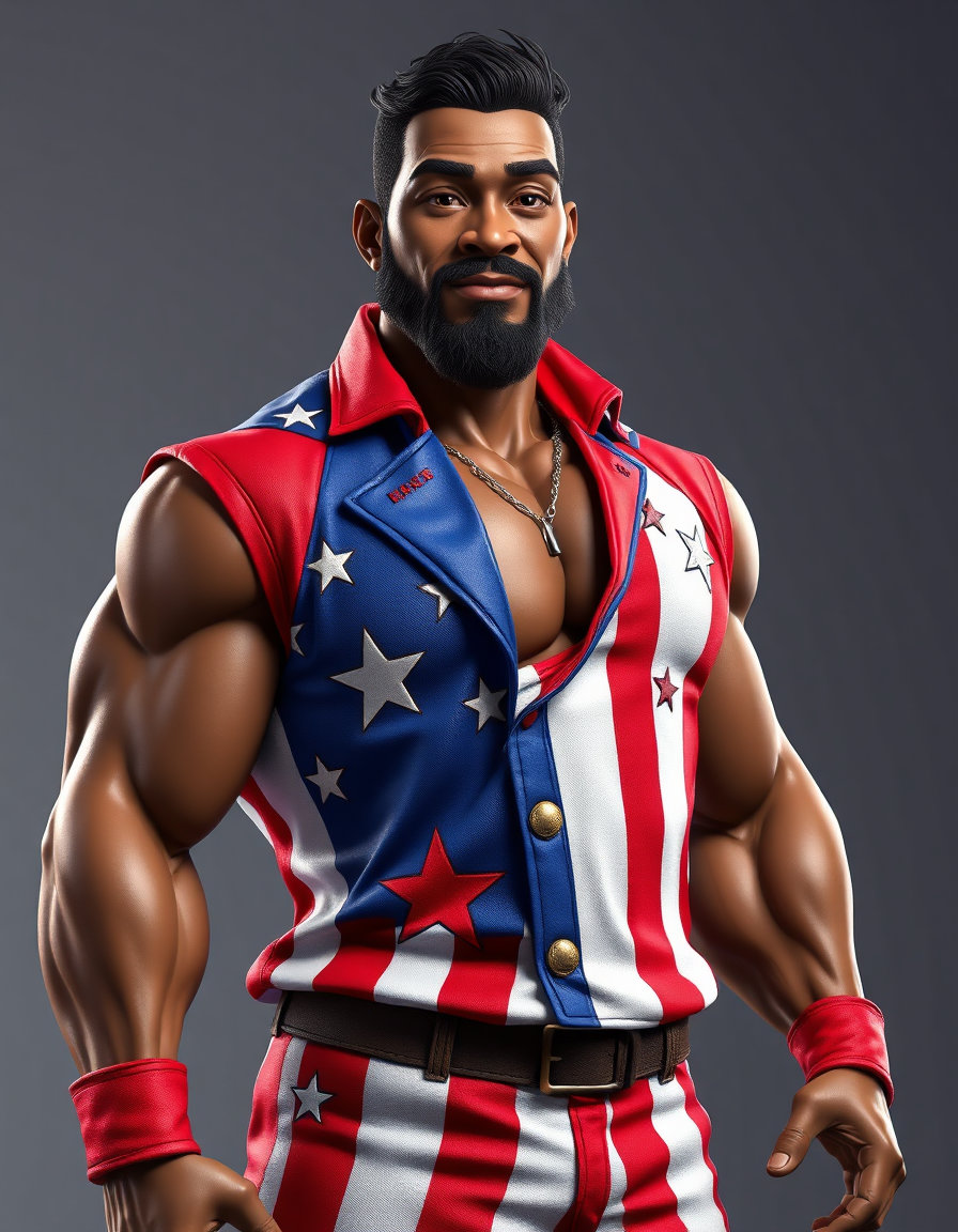 3d-render: high quality 3d rendering, polished surfaces, studio lighting, realistic reflections, style, featuring a cartoon muscular afro-american middle-aged usa patriot male dressed in vivid red, white, and blue attire, detailed patriotic symbols embroidered on the fabric, his strong physique accentuated by hyper‑realistic shading and sculpted muscle tone, cinematic lighting casting dramatic highlights and deep shadows, ultra‑high resolution 4k detail showing crisp textures, vibrant accurate hues, crystal‑clear clarity with enhanced contrast and sharpened edges, seamless polished finish suitable for promotional use.