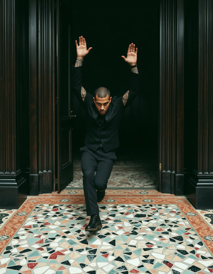 a man in a black suit covered in intricate tattoos, falling backwards after being shot, arms raised, standing in a dark wood doorway with a terrazzo mosaic floor; edge‑of‑frame composition with the subject placed at the extreme side of the frame, dominant negative space and off‑center balance creating unresolved psychological tension; warped architectural lines and bold color harmony of rose marble, green serpentine, white carrara, black obsidian, brass and mother‑of‑pearl fragments; tactile richness and expansive doorway emphasized.