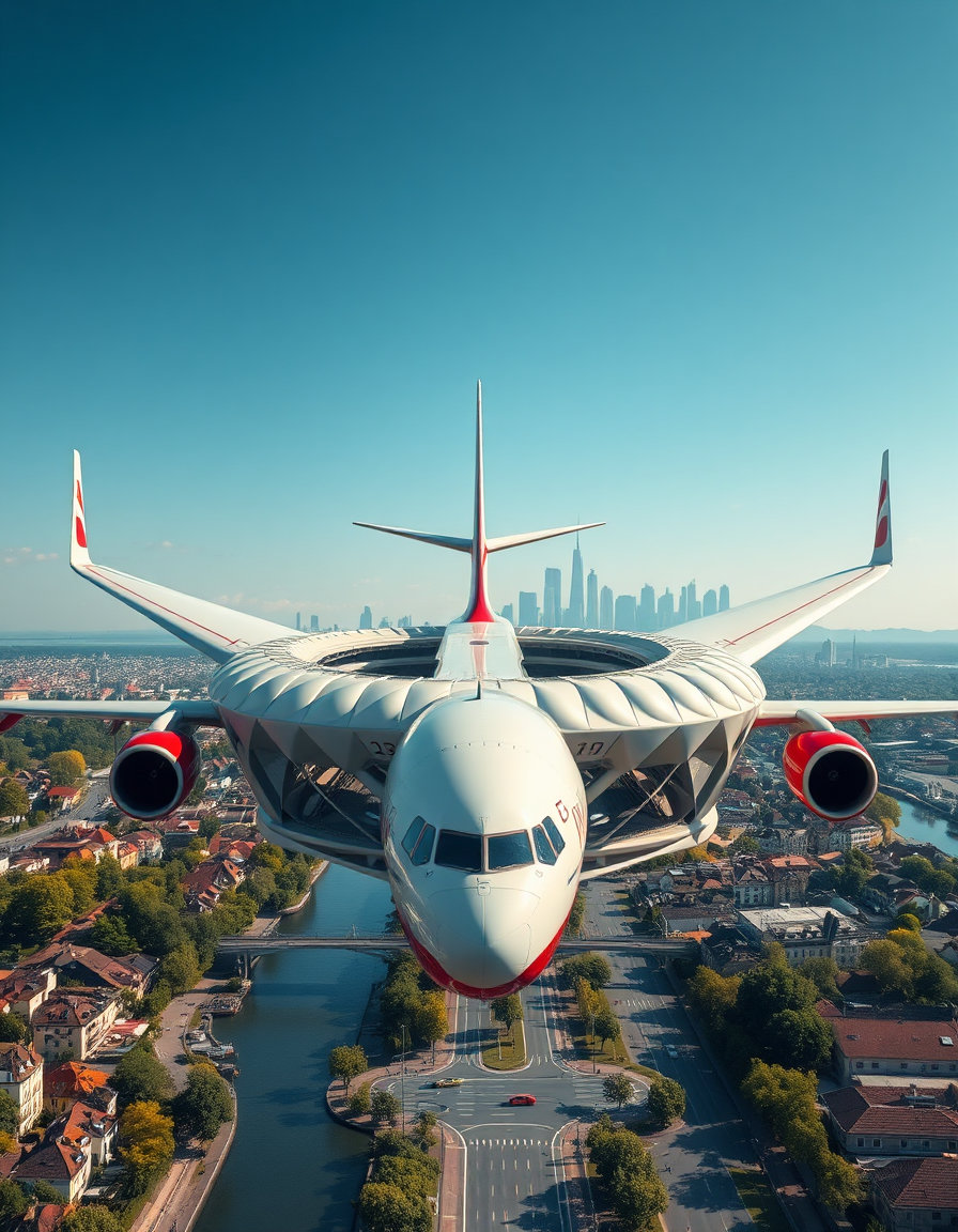 hybrid stadium‑airplane chimera in emirates livery soaring over a european riverine city, its fuselage transformed into a monumental football stadium bowl with red engine nacelles, central tower spire and glass façades. vertical reveal composition: camera positioned low, looking upward through layered riverbank trees, residential rooftops and street roads, guiding the eye up the aircraft’s tilted nose, through the stadium roof and into the skyline of skyscrapers and a distant spire. soft midday sunlight floods the scene, with subtle volumetric haze and crisp shadows, while deep depth of field keeps foreground, midground and background sharply in focus.