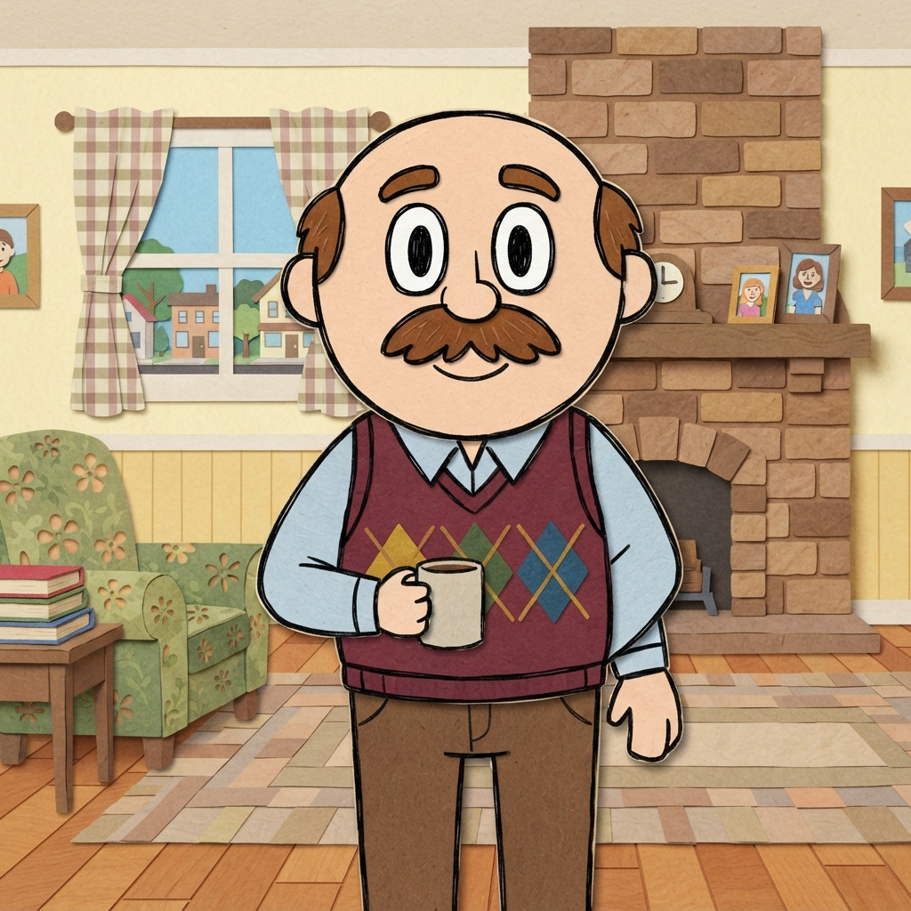 original cartoon adult character, construction-paper cutout style, simple round head, big oval eyes, bold black outlines, moustache and sweater vest, small-town living room background, flat vibrant colors, crisp high detail, digital illustration