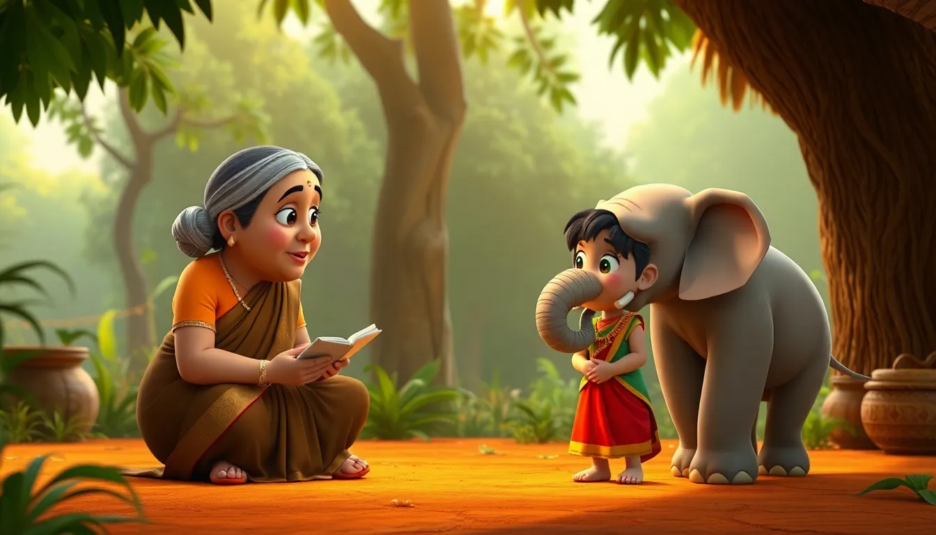 Dadi Amma character explaining story
Mohans character Gudiyas character listening
Neelu the elephant character standing peacefully
warm emotional scene
3D animated cartoon style
Pixar inspired but original
soft lighting
rounded shapes
child friendly
bright colors
high quality 3D render
cinematic camera
consistent character design
Indian village environment
no text
no watermark