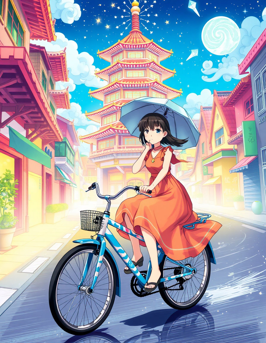 akira with chihiro's appearance wears a bright, flowing dress in the city of the spirit. blissful, pastel hues illuminate her path as she rides kaneda's blue and white striped bike with an umbrella handlebar, accelerating down the alleys. pastoral buildings, like oversized, sugar-cube pagodas adorned with swirling clouds and stars, throw long, airy shadows across the city. holographic streetlights create dazzling, crystalline highlights on her face. ancient kanji characters shimmer in harmony with the vibrant cityscape.