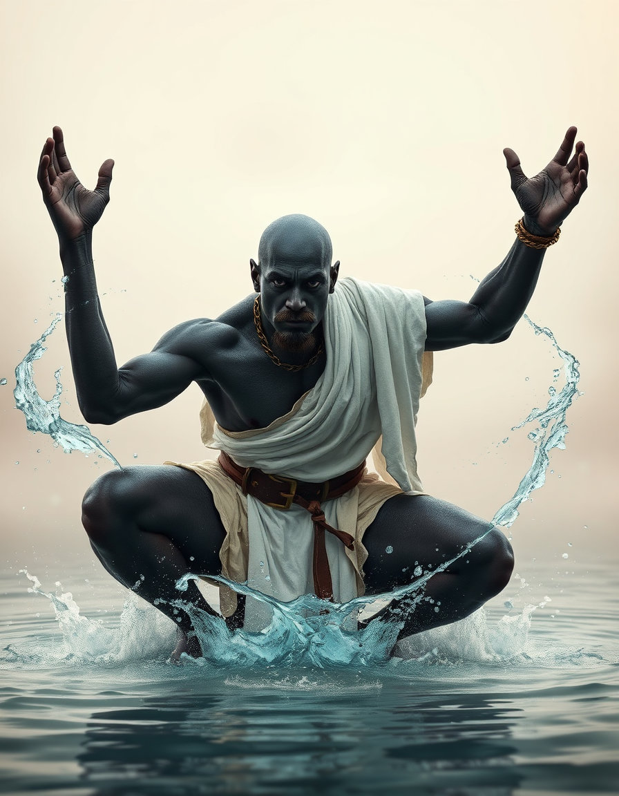 male black water-elemental hybrid crouching, arms raised in an arc, hands open as if summoning water, textured skin with subtle scales, mustache, intense focused gaze, flowing white cloth around torso, tattered white tunic, leather belt with metal buckle and chain accessories, heroic scale with exaggerated musculature. set in an indeterminate overcast waterscape, misty background with splashing water at his base, suspended droplets and ripples on the surface, soft gradient sky and faint horizon. diffuse overhead light and subtle rim light illuminate the cool blues and teals against a warm beige background, high contrast between luminous water forms and his dark skin, soft shadows and volumetric haze. full-body centered composition, slightly elevated eye-level view with a modest dutch angle, shallow depth of field and soft circular bokeh in the background.
