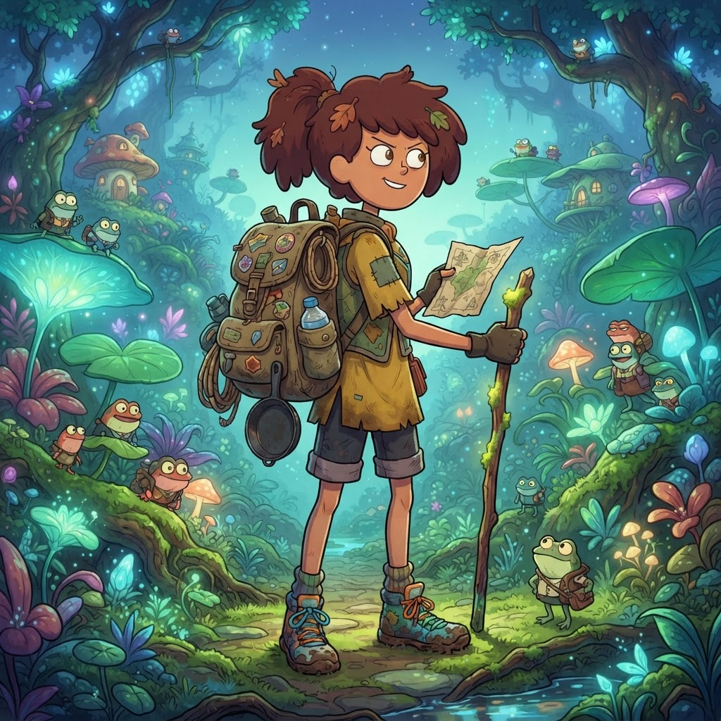 original teen human girl adventurer in a frog fantasy world, disney-style TV animation