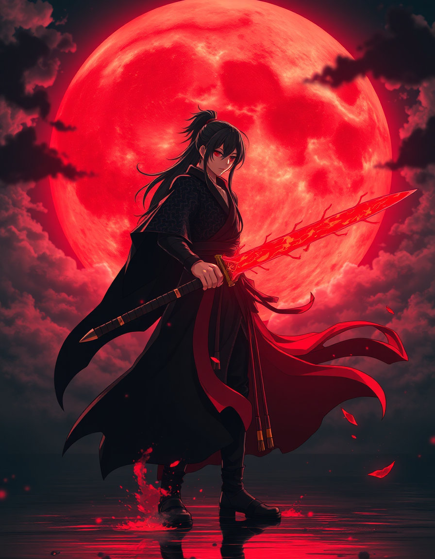Tanjiro Kamado standing alone beneath a gigantic crimson moon, black and red Demon Slayer uniform flowing in the wind, glowing fiery Nichirin sword in hand, intense red aura and flame breathing effects surrounding him, cinematic silhouette, dark storm clouds, blood-red sky reflecting on water, dramatic anime lighting, ultra detailed face and hair, glowing eyes, epic fantasy atmosphere, smoke and embers floating around, powerful stance, high contrast shadows, 4K ultra HD anime wallpaper, masterpiece composition, dark aesthetic, volumetric fog, dynamic reflections, Demon Slayer inspired art styleβ