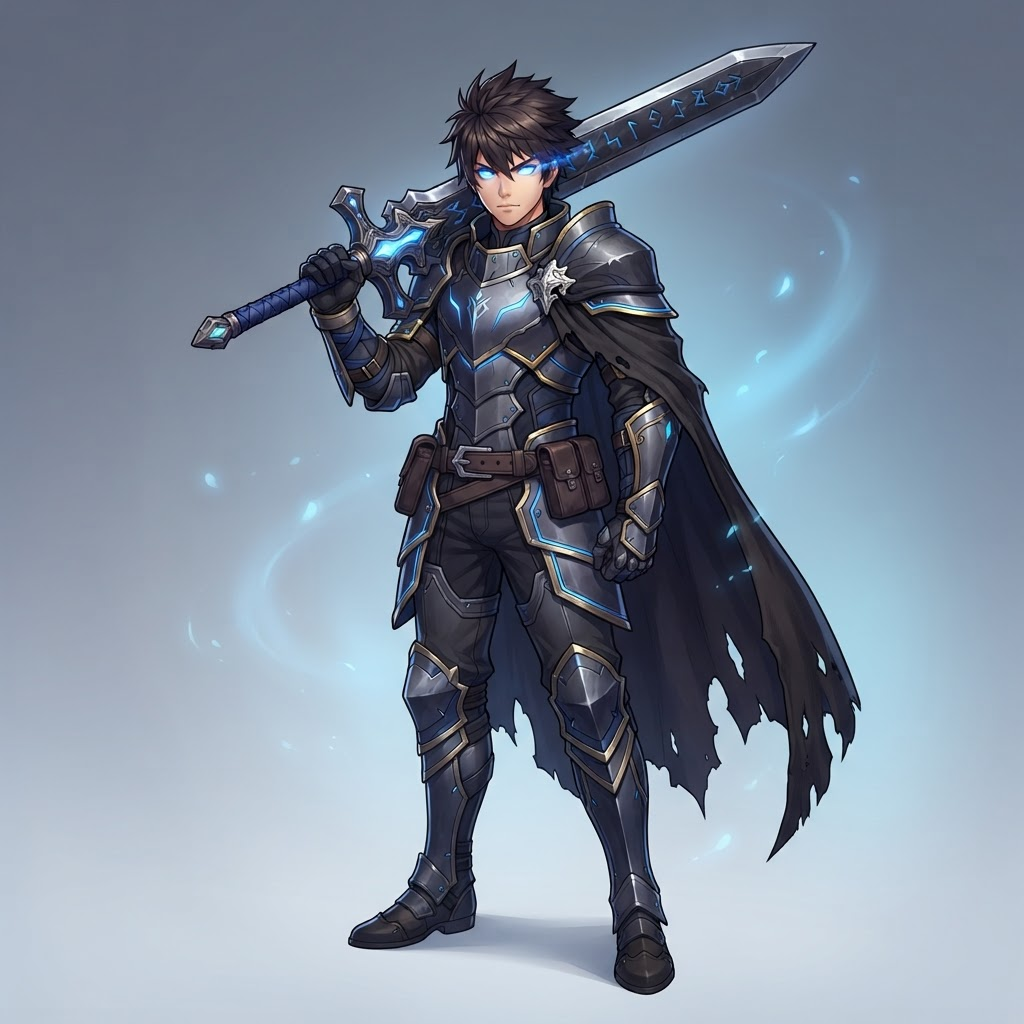 original JRPG hero character, spiky haired young swordsman in dark modern fantasy armor, large ornate greatsword, glowing blue eyes, full body