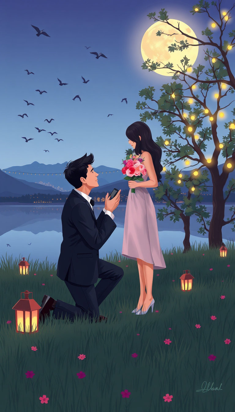 ## Style
- Medium: Digital illustration, 2D vector-based rendering
- Technique: Clean line art, flat shading with soft gradients, stylized atmospheric perspective
- Rendering Approach: Non-photorealistic, painterly digital aesthetic, simplified form language
- Color Treatment: Pastel palette, cool blues and purples contrasted with warm ambers and golds, complementary color scheme
- Value & Contrast: Low contrast overall, soft tonal transitions, high-key lighting
- Detail Density: Moderate, simplified textures, stylized foliage and water
- Era / Movement: Contemporary digital art, romantic illustration style
## Subject
- Identity / Type: Male and female figures, romantic couple
- Pose & Gesture: Male kneeling in profile, female standing facing him, hands extended in exchange gesture
- Distinctive Features: Long dark hair on female, short hair on male, formal attire
- Clothing or Equipment: Male in dark suit and tie, female in light-colored sleeveless dress, male holding ring box, female holding bouquet
- Scale & Proportion: Human scale, natural proportions, slightly elongated limbs for stylized effect
## Environment
- Location Type: Outdoor lakeside setting, grassy meadow
- Time of Day: Twilight, dusk, moonlit evening
- Weather & Atmosphere: Clear sky, calm, serene, romantic
- Foreground Elements: Grassy terrain, decorative lanterns, string lights on trees
- Background Elements: Distant mountains, lake, city lights on horizon, birds in flight
- Architectural or Natural Features: Trees with string lights, distant buildings, natural landscape
## Mood
- Primary Emotional Tone: Romantic, tender, intimate, hopeful
- Energy Level: Gentle, peaceful, quiet
- Tension or Calm: Calm, serene, emotionally charged but peaceful
- Genre Association: Romantic illustration, wedding proposal scene, fantasy romance
## Lighting
- Light Source(s): Full moon, string lights on trees, ground lanterns, ambient city lights
- Direction: Overhead moonlight, downward from string lights, soft ambient fill
- Quality (Hard / Soft): Soft, diffused, gentle illumination
- Color Temperature: Cool moonlight (blue-purple) balanced with warm artificial light (amber-gold)
- Key-to-Fill Ratio / Contrast: Low contrast, balanced key and fill
- Shadow Character: Soft shadows, minimal hard edges
- Atmospheric Light Effects: Moon glow, soft ambient occlusion, subtle light diffusion through foliage
## Composition
- Framing & Crop: Wide shot, full scene visible, centered composition
- Camera Angle: Eye-level, slightly elevated perspective
- Subject Placement: Central focus, couple in middle ground, balanced left-right symmetry
- Compositional Rules in Use: Rule of thirds, symmetry, leading lines from string lights
- Depth Layers: Foreground (grass, lanterns), middle ground (couple, trees), background (mountains, city)
- Negative Space: Sky area above couple, open space around figures
## Texture
- Primary Materials: Digital paint, vector shapes, gradient fills
- Surface Quality: Smooth, clean, non-textured, stylized
- Reflectivity & BRDF Character: Minimal reflectivity, matte surfaces, soft specular highlights
- Wear, Patina, & Imperfections: None, pristine, idealized surfaces
## Camera
- Shot Type: Wide shot, medium-long shot
- Implied Focal Length: 35mm-equivalent wide angle
- Depth of Field & Aperture Feel: Deep depth of field, everything in focus
- Bokeh Character: Minimal bokeh, soft background blur only in distant elements
- Lens Artifacts: None, clean digital rendering