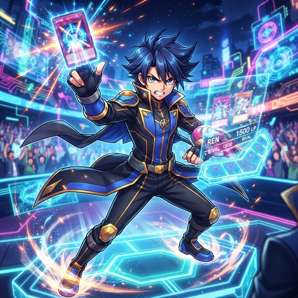 mysterious spellcaster duel monster character in flowing robes holding a glowing magic card, holographic sparkle effects, anime trading card game style