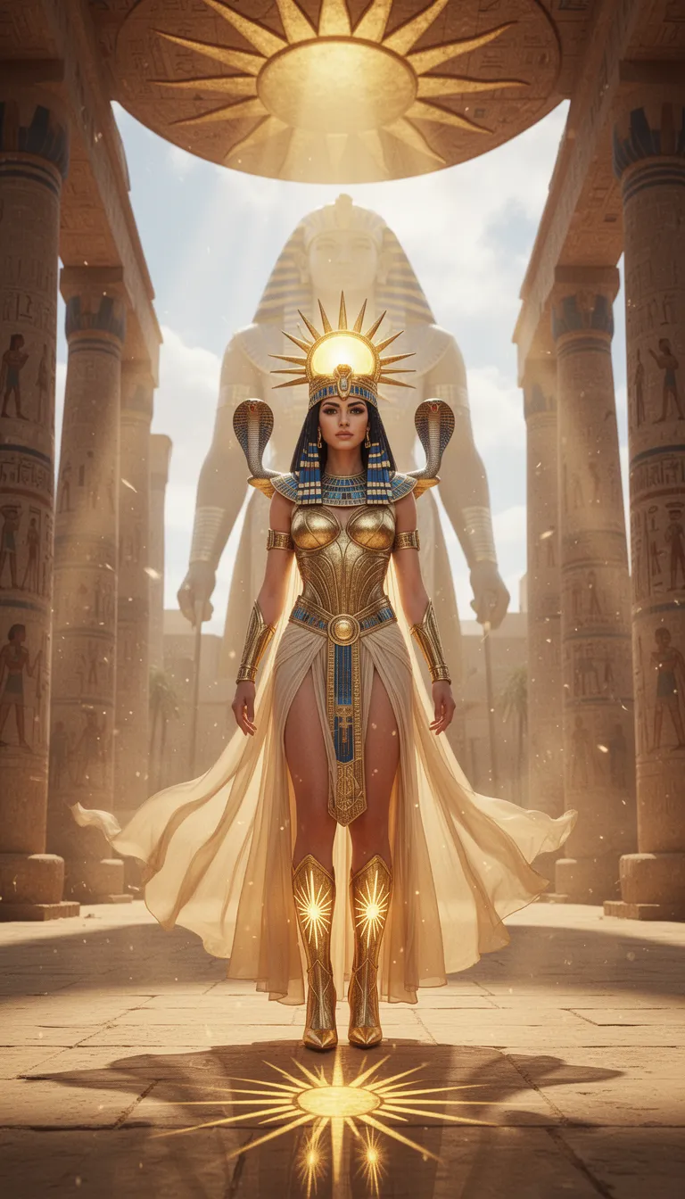 Ultra-realistic cinematic full-body portrait of Cleopatra standing inside a colossal sun temple dedicated to Ra. A massive golden sun disk opens above the temple, casting divine beams across the scene.
She wears radiant gold ceremonial armor fused with flowing silk, glowing as if infused with sunlight. Her outfit is regal, elegant, and goddess-like, decorated with solar motifs and ancient Egyptian patterns.
Her headdress is a towering sun crown with a glowing solar disk and cobra guardians rising on each side.
She wears elegant gold stiletto boots with engraved sun rays that reflect light across the floor.
Behind her, the god Ra appears faintly in the sunlight as a colossal divine presence in the sky.
The entire environment glows with heat shimmer, floating dust, divine radiance, ultra-detailed skin, cinematic lens flare, hyper-realistic fantasy, 8K.
Aspect ratio: 9:16