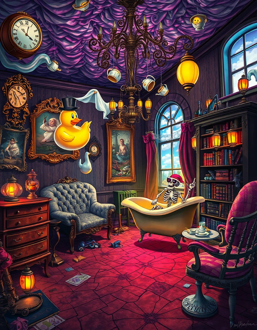 absurdity, a ridiculously absurd composition overflowing with surreal, impossible elements; a wildly exaggerated, cartoonish chaos fills the scene. style, vivid hyper‑realistic illustration with bold, saturated colors, exaggerated perspective, and intricate detailing that blends whimsical fantasy with eerie atmosphere. inside a dimly lit room of a haunted house, warped antique furniture twists like pretzel shapes, a chandelier made of melting clocks hangs from a ceiling that ripples like liquid metal, and cobwebs sparkle with neon glow. ghostly portraits float mid‑air, their eyes following the viewer, while a giant rubber duck wearing a top‑hat waddles across a cracked parquet floor. a chandelier of levitating teacups pours endless streams of luminous tea onto a floating bathtub upside down, and a skeletal cat wearing sunglasses rides a miniature roller coaster that loops around a dusty bookshelf. the walls are lined with flickering lanterns that emit rainbow‑colored fire, and a window shows a sky of upside‑down clouds shaped like smiling faces. all elements coexist in a bizarre, humorously terrifying tableau, captured with razor‑sharp detail and dynamic lighting.