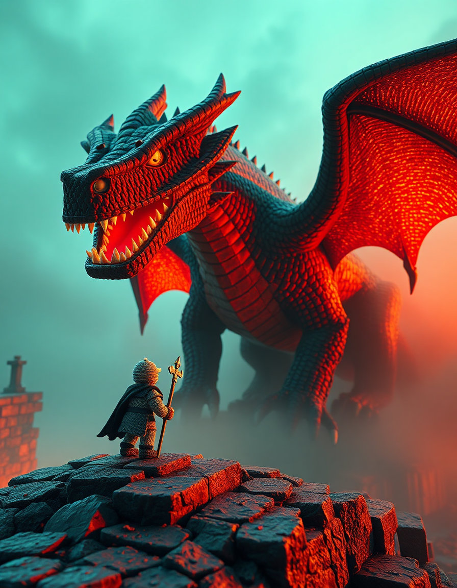rtx hdr ray tracing ultra‑realistic minecraft scene with cinematic lighting, global illumination, volumetric fog and teal‑green color grading, high dynamic range photorealistic digital rendering that mimics real‑world lighting and materials, crisp blocky textures, accurate reflections on stone and water surfaces, and vivid atmospheric effects; in the foreground a single amigurium‑style knitted knight, tiny and plush, standing bravely on a pixelated hill, facing a massive, crazy‑big dragon rendered with the same rtx ray‑traced realism, the dragon’s scales shimmering with detailed specular highlights, fierce eyes, and towering body casting dramatic shadows, the battle poised between the cute handcrafted hero and the colossal fire‑breathing beast amidst the foggy, neon‑tinged minecraft landscape.