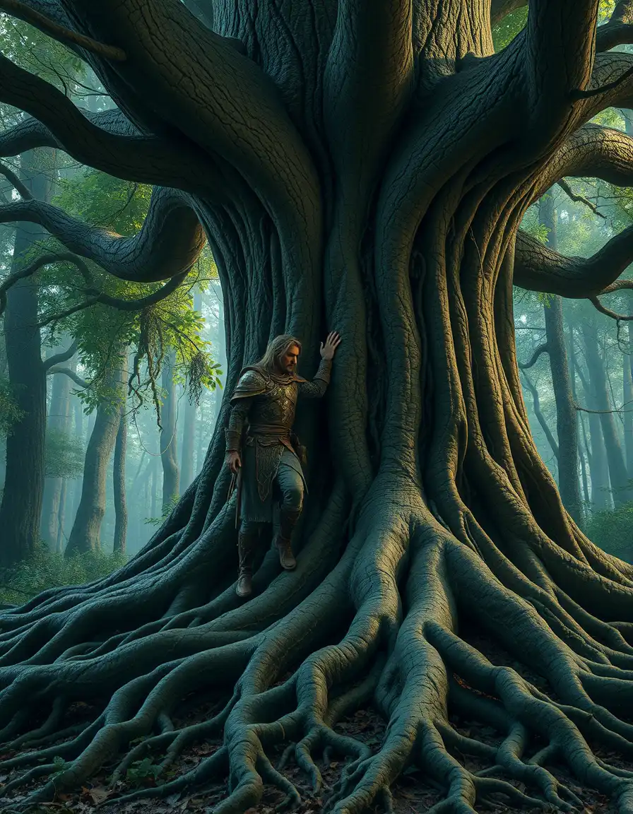Magical fantasy forest that has interconnected roots large round tree a Fae man warrior in bark armour touching the bark