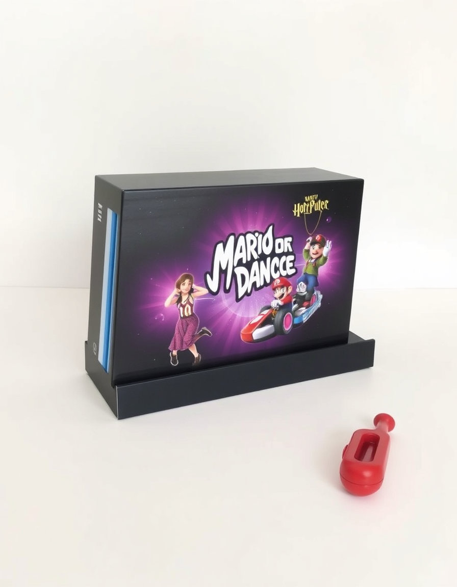 Generar diseno de caja de Wii con medida de 12,5cm x 37,5cm , Wii negra con juego de just dance, Mario, Mario kart , Harry Potter