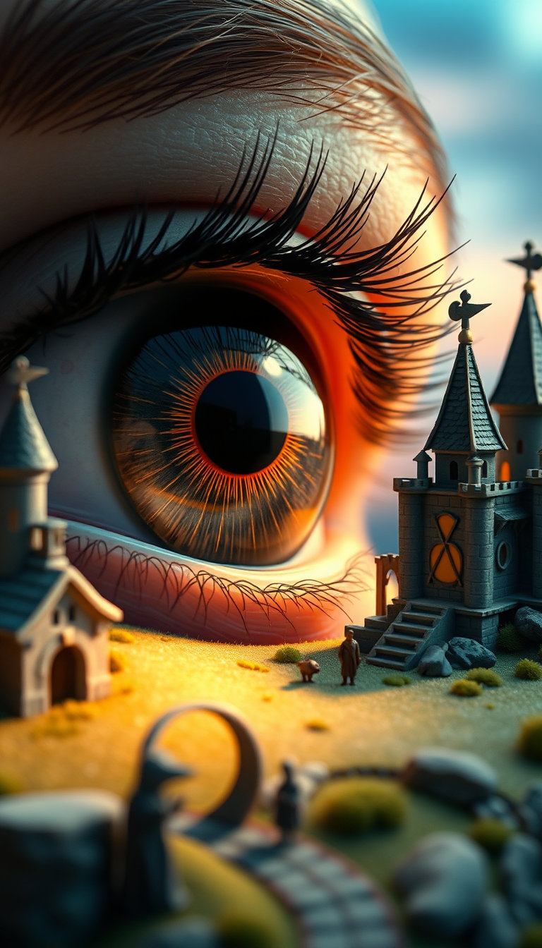 a macroscopic human eye, rendered in the enchanting ghibli style with soft, natural color palettes of gentle blues and earthy tones, overlooks a miniature fantasy kingdom. this dreamlike realm, crafted from meticulously detailed medieval stone castles and tiny, cloaked human figures, is bathed in a surreal twilight. the ghibli aesthetic imbues the scene with a tranquil, vibrant environment, where clean lines and expressive features bring the miniature world and its inhabitants to life, all under the gentle glow of diffused light filtering through subtle volumetric mist and god rays.