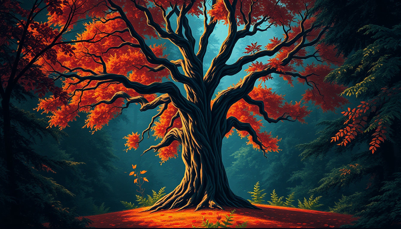in a dimly lit, yet eerily vibrant scene, a majestic tree stands alone in the center of a lush, vibrant forest, its trunk twisted and gnarled with age, like a work of art by the master of vintage illustration, j.c. leyendecker, with bold, graphic lines, hard-cel shading, and a mesmerizing palette reminiscent of an 80s graphic novel, with contrasting colors that seem to leap from the shadows. the tree's silhouette is rendered in high contrast, its branches stretching upwards like withered fingers, as if grasping for the heavens, amidst a tapestry of lush green foliage that dances in the flickering sunlight, a true marvel of color and texture. in the vicinity, the atmosphere is alive with the whispers of autumn leaves, rustling softly in the breeze, like the gentle whispers of an unseen artist's brush, imbuing the air with the essence of the season. against this backdrop of vibrant life, the tree stands stark and solitary, a sentinel of secrets, with branches like outstretched arms, beckoning the viewer to draw closer, into the heart of its mysterious, and perhaps foreboding, world. the digital oil painting style imbues this scene with a level of hyper-realism, as if the viewer is gazing upon a masterpiece that has been lovingly crafted by a master painter, with every detail, every texture, every nuance, shining with an almost otherworldly light. the paintery medium's handcrafted, painterly finish adds a sense of intimacy, of a human touch, as if the artist's very soul has been infused into the work, imbuing it with a depth, a richness, that transcends the mundane, and speaks directly to the heart. the background of this haunting, yet captivating scene, is a masterclass in refinement, a true concept-art quality that transports the viewer to a world of dreams and wonder, a place where the boundaries between reality and fantasy blur, and the imagination runs wild.