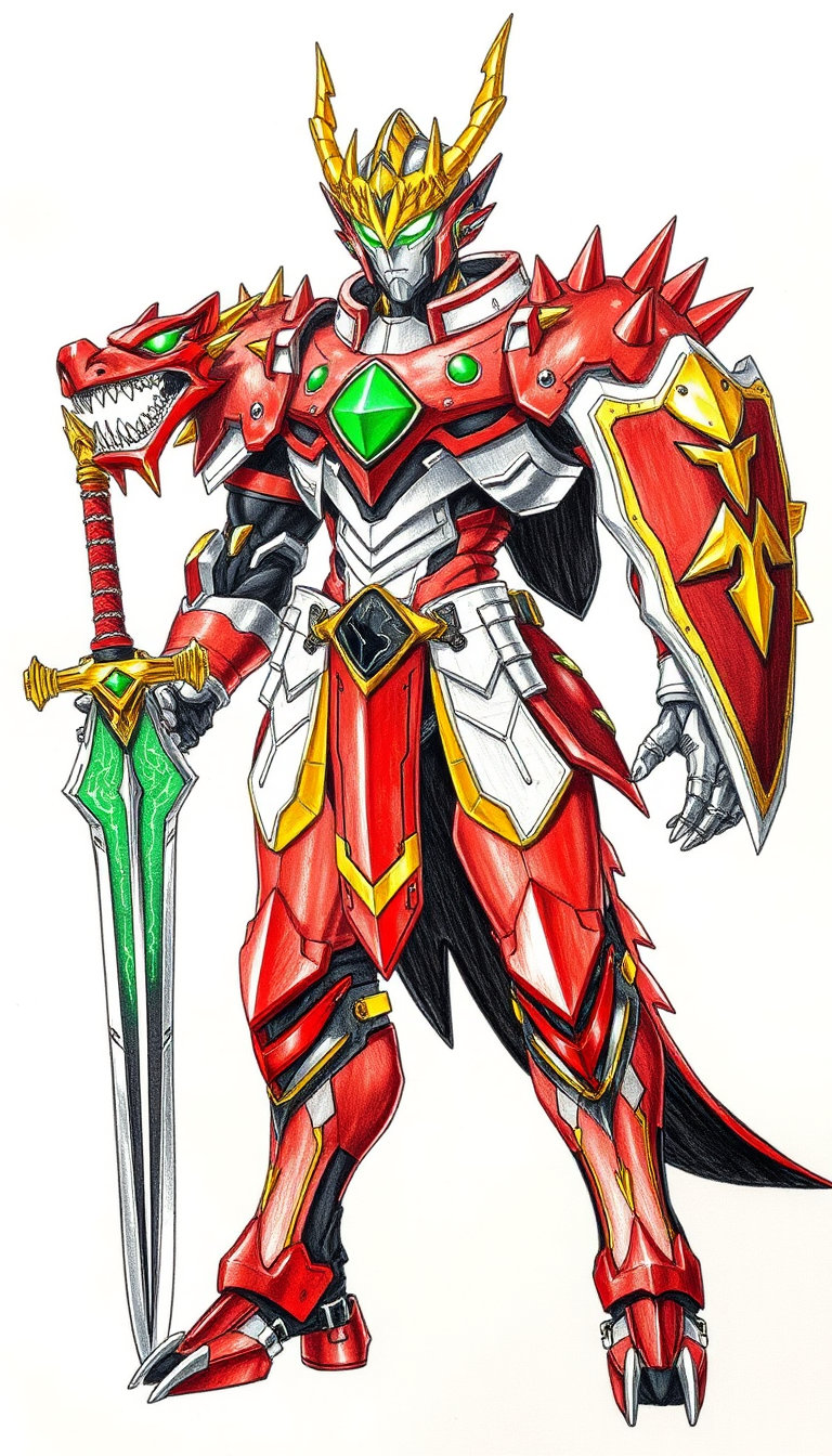 Full body character concept art of a heroic male knight in dragon-themed mecha armor, standing in 3/4 front view dynamic pose, traditional mixed media process: visible non-photo blue pencil underdrawing with construction lines for proportions and armor segmentation, fully inked with clean black fineliner using precise confident contours and panel lining, partial flat color rendering with colored pencils and alcohol markers only on the main red armor plates, gold trim, and green energy accents, subject wearing an ornate dragon helmet with golden crown horns, spiked jaw guard and glowing green visor eyes, asymmetrical design with massive right arm gauntlet shaped like a dragon head featuring sharp teeth, green eyes and a central red shield emblem with gold phoenix crest, layered red and gold spiked shoulder pauldrons with black undersuit visible, segmented white-silver chest plate with gold lightning trim, holding a large sci-fi greatsword in the left hand with glowing green energy blade and gold core, legs in red and gold segmented greaves with clawed feet, high contrast, modern anime tokusatsu character sheet aesthetic, work-in-progress look showing blue pencil construction clearly visible under the ink in uncolored areas like the chest plate and boots, white paper background --no photorealistic, no 3d render, no full cel-shading, no background, no smooth digital airbrush, no metallic rendering, 9:16 aspect ratio.